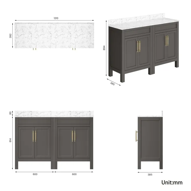 Bermuda Graphite Grey Cabinet with Marble Top 1200mm Excludes Counter Top Basins - Brass Knurled Handles