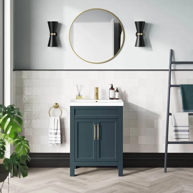 Bermuda Inky Blue Basin Vanity 600mm - Brass Knurled Handles