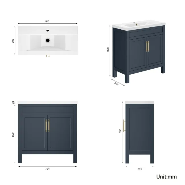 Bermuda Inky Blue Basin Vanity 800mm - Brass Knurled Handles