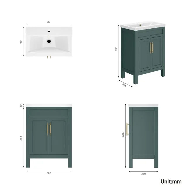 Bermuda Midnight Green Basin Vanity 600mm - Brass Knurled Handles