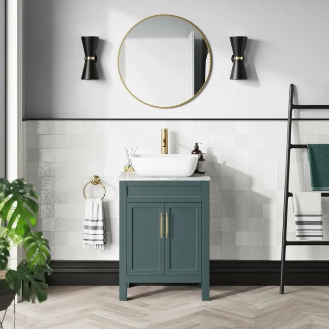 Bermuda Midnight Green Vanity with Marble Top & Curved Counter Top Basin 600mm - Brass Knurled Handles
