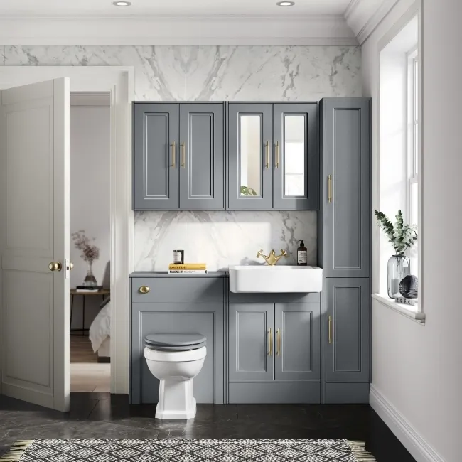 Monaco Dove Grey Basin Vanity 600mm - Brass Knurled Handles
