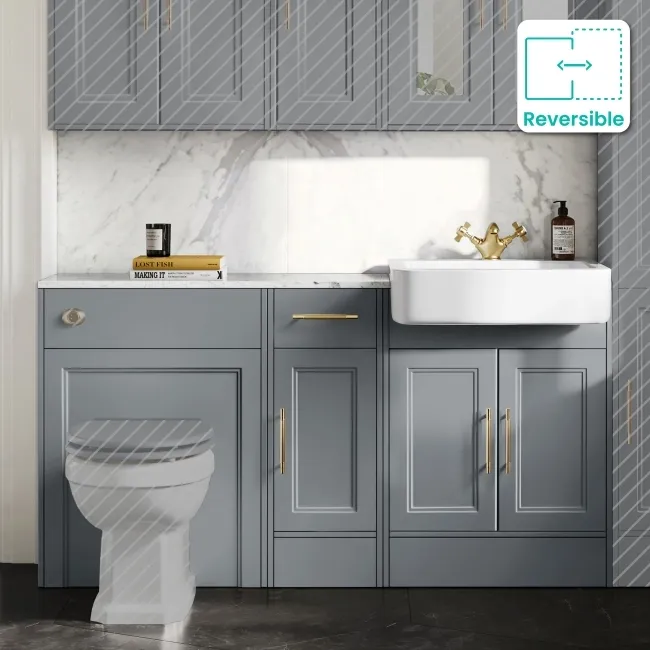 Monaco Dove Grey Combination Vanity Basin with Marble Top 1500mm (Excludes Pan & Cistern) - Brass Knurled Handles