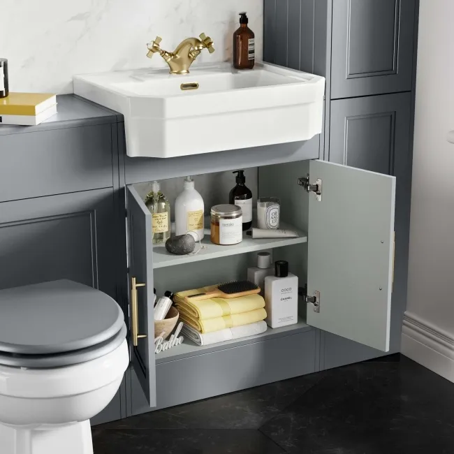 Monaco Dove Grey Traditional Basin Vanity 600mm - Brass Knurled Handles
