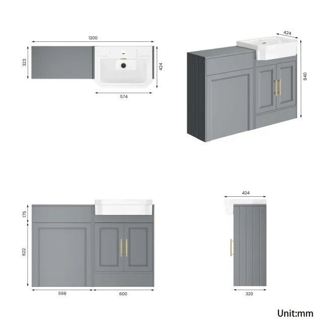 Monaco Dove Grey Traditional Basin Vanity and Back To Wall Unit 1200mm (Excludes Pan & Cistern) - Brass Knurled Handles