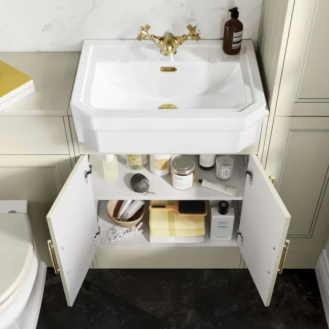 Monaco Chalk White Traditional Basin Vanity 600mm - Brass Knurled Handles