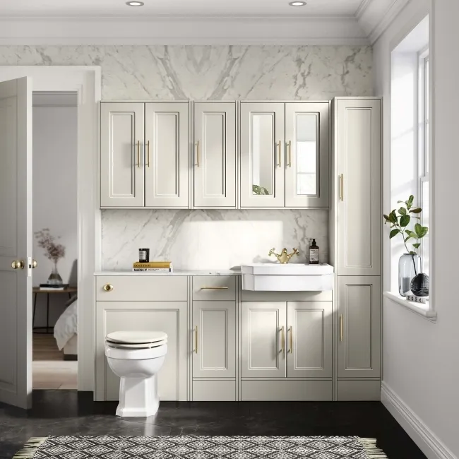 Monaco Chalk White Combination Vanity Traditional Basin with Marble Top 1500mm (Excludes Pan & Cistern) - Brass Knurled Handles