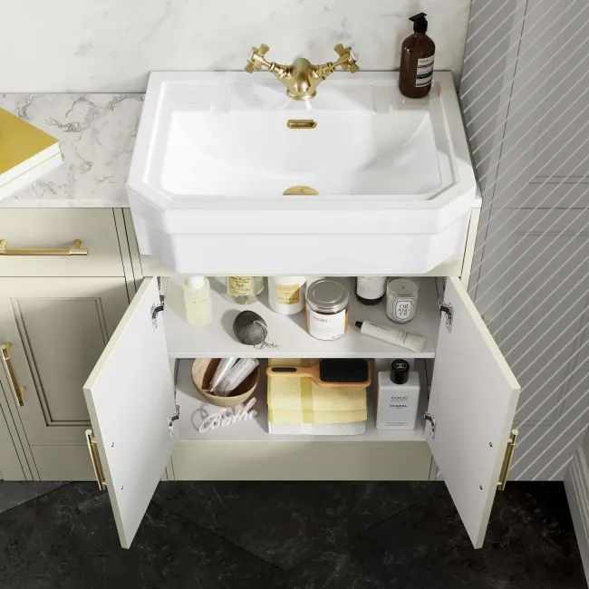 Monaco Chalk White Combination Vanity Traditional Basin with Marble Top 1500mm (Excludes Pan & Cistern) - Brass Knurled Handles