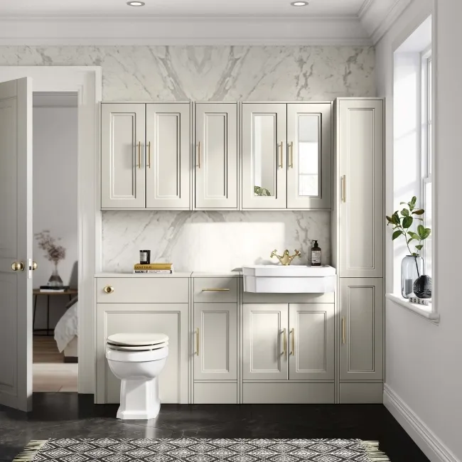 Chalk White Wall Hung Mirror Cabinet 700x600mm - Brass Knurled Handles