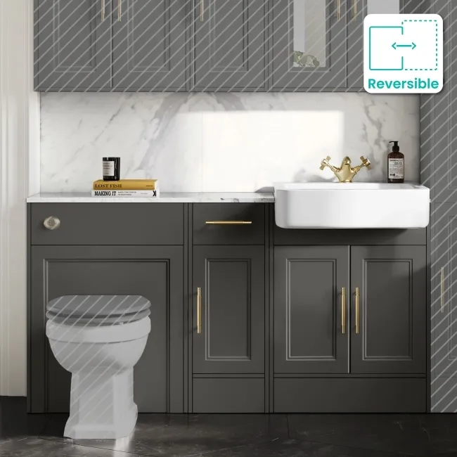 Monaco Graphite Grey Combination Vanity Basin with Marble Top 1500mm (Excludes Pan & Cistern) - Brass Knurled Handles