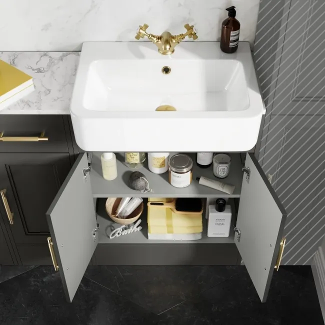 Monaco Graphite Grey Combination Vanity Basin with Marble Top 1500mm (Excludes Pan & Cistern) - Brass Knurled Handles