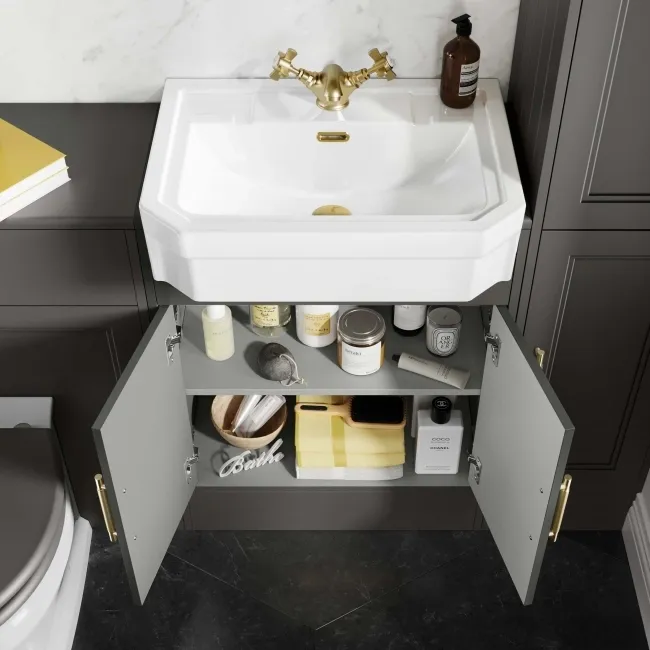 Monaco Graphite Grey Traditional Basin Vanity 600mm - Brass Knurled Handles