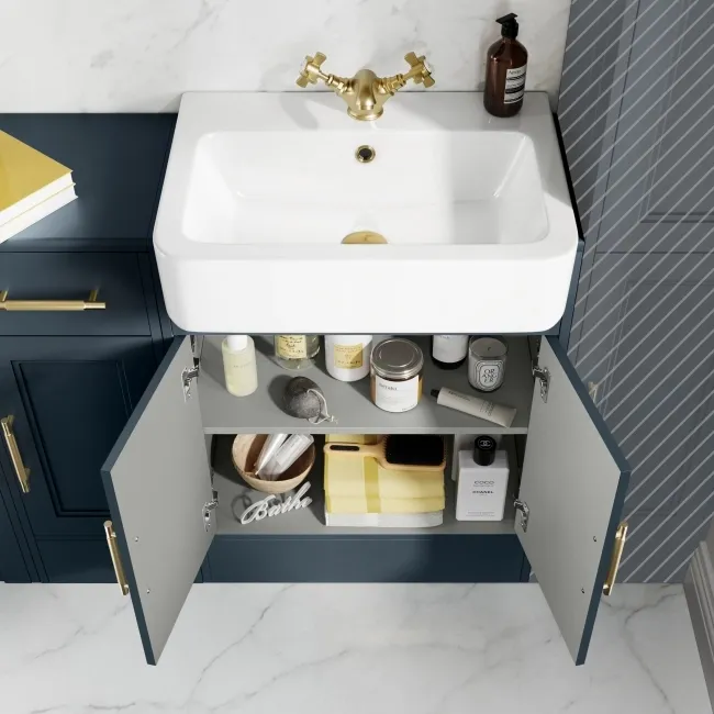 Monaco Inky Blue Basin Vanity and Back To Wall Unit 1500mm (Excludes Pan & Cistern) - Brass Knurled Handles