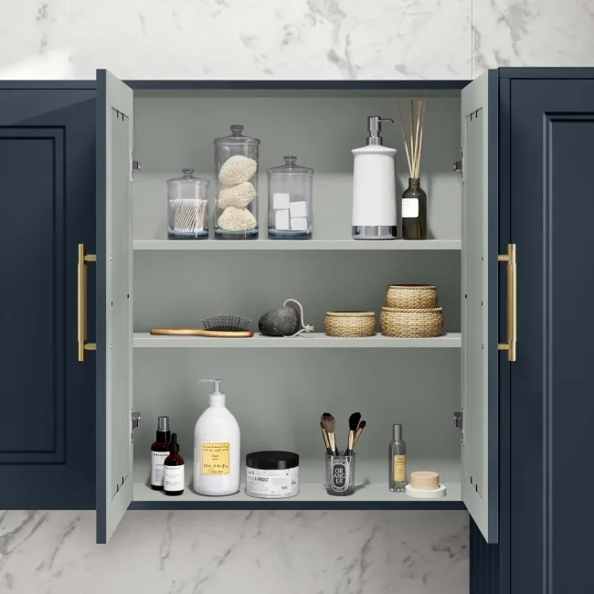 Inky Blue Wall Hung Mirror Cabinet 700x600mm - Brass Knurled Handles