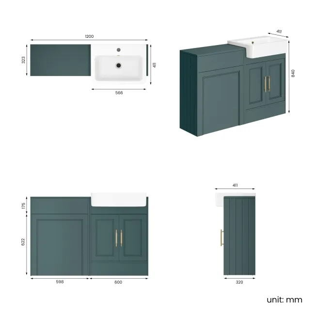 Monaco Midnight Green Basin Vanity and Back To Wall Unit 1200mm (Excludes Pan & Cistern) - Brass Knurled Handles