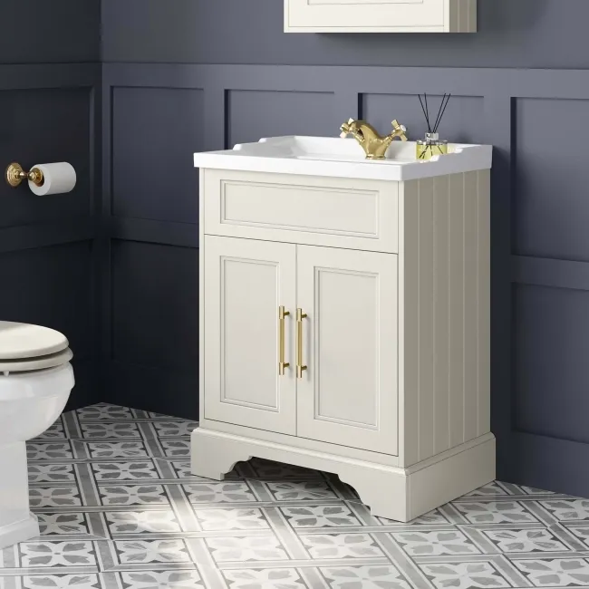 Lucia Chalk White Basin Vanity 630mm - Brass Knurled Handles