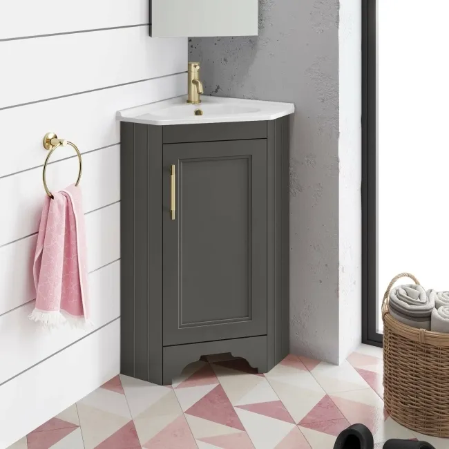 Lucia Graphite Grey Corner Basin Vanity 400mm - Brass Knurled Handle