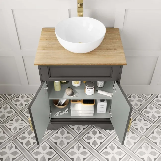 Lucia Graphite Grey Vanity with Oak Effect Top & Round Counter Top Basin 640mm - Brass Knurled Handles