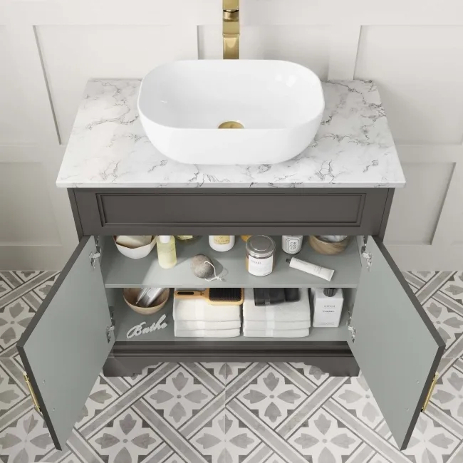 Lucia Graphite Grey Vanity with Marble Top & Curved Counter Top Basin 840mm - Brass Knurled Handles