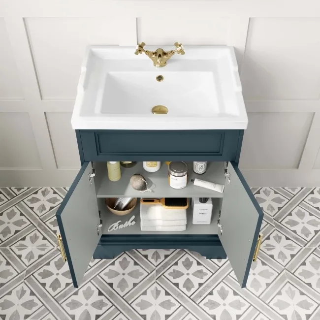 Lucia Inky Blue Basin Vanity 630mm - Brass Knurled Handles