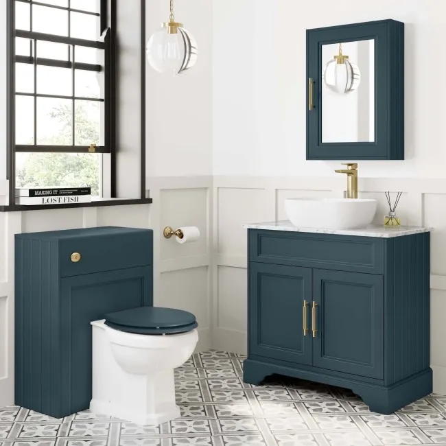 Lucia Inky Blue Vanity with Marble Top & Curved Counter Top Basin 840mm - Brass Knurled Handles
