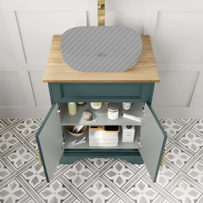 Lucia Midnight Green Cabinet with Oak Effect Top 640mm (Excludes Counter Top Basin) - Brass Knurled Handles