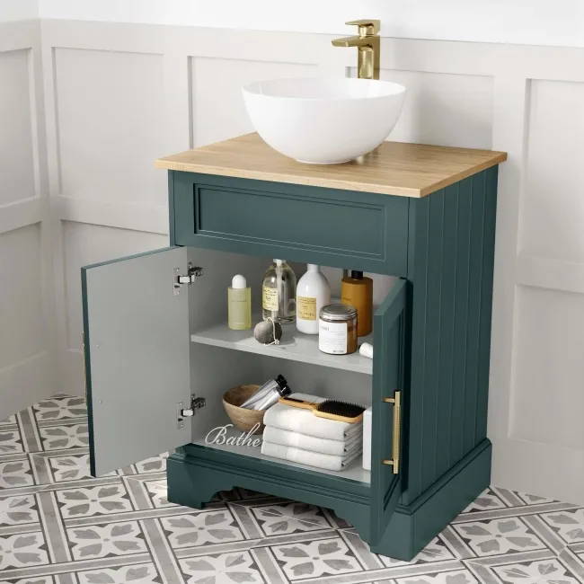 Lucia Midnight Green Vanity with Oak Effect Top & Round Counter Top Basin 640mm - Brass Knurled Handles