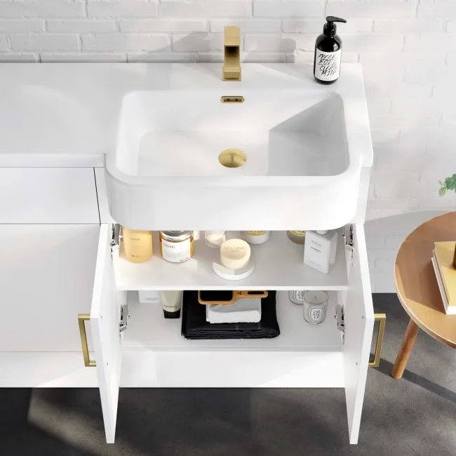 Harper Gloss White Basin Vanity and Back To Wall Toilet Unit 1200mm (Excludes Toilet)- Brushed Brass Accents - Right Handed