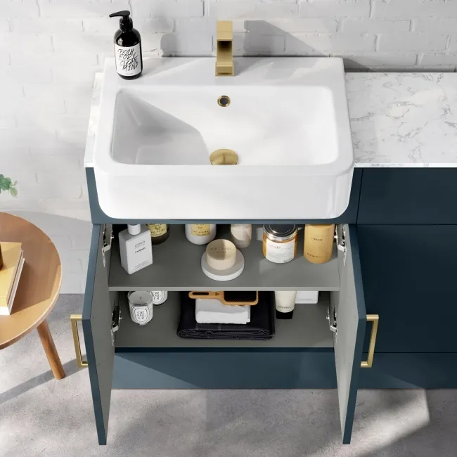 Harper Navy Blue Basin Vanity with Marble Top & Back To Wall Unit 1200mm (Excludes Toilet) - Brushed Brass Accents
