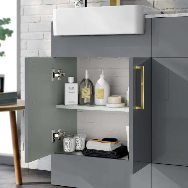 Harper Stone Grey Basin Vanity with Marble Top & Back To Wall Unit 1000mm (Excludes Toilet) - Brushed Brass Accents