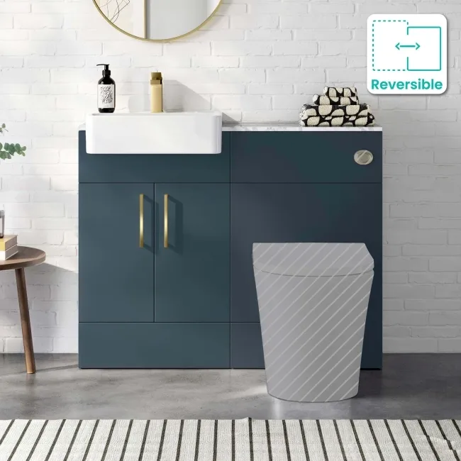 Harper Navy Blue Basin Vanity with Marble Top & Back To Wall Unit 1000mm (Excludes Toilet) - Brushed Brass Accents