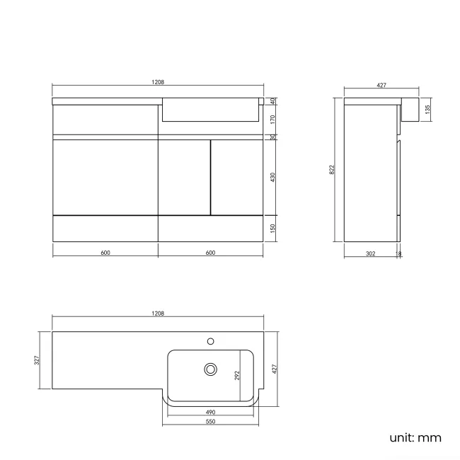 Foster Tungsten Grey Basin Vanity With Back To Wall Unit 1200mm (Excludes Toilet) - Right Handed