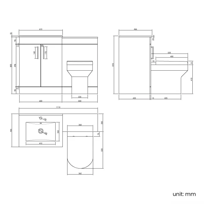 Mersey Gloss White Combination Vanity Basin and Miami Toilet 1100mm