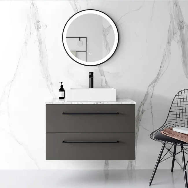 Elba Graphite Grey Wall Hung Drawer Vanity with Marble Top & Cody Basin 800mm - Black Accents
