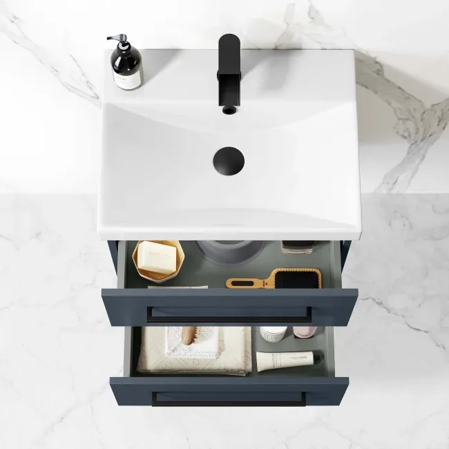 Elba Inky Blue Wall Hung Basin Drawer Vanity 500mm - Black Accents