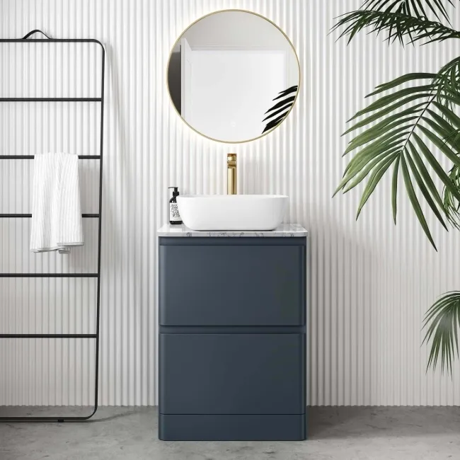 Corsica Inky Blue Vanity Drawer with Marble Top & Curved Counter Top Basin 600mm