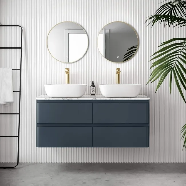 Corsica Inky Blue Wall Hung Drawer Vanity with Marble Top & Curved Counter Top Basin 1200mm