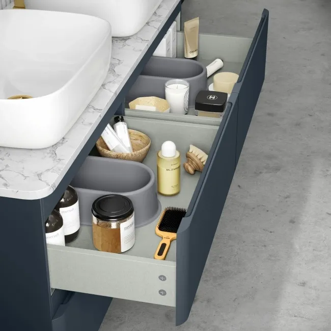 Corsica Inky Blue Wall Hung Drawer Vanity with Marble Top & Curved Counter Top Basin 1200mm