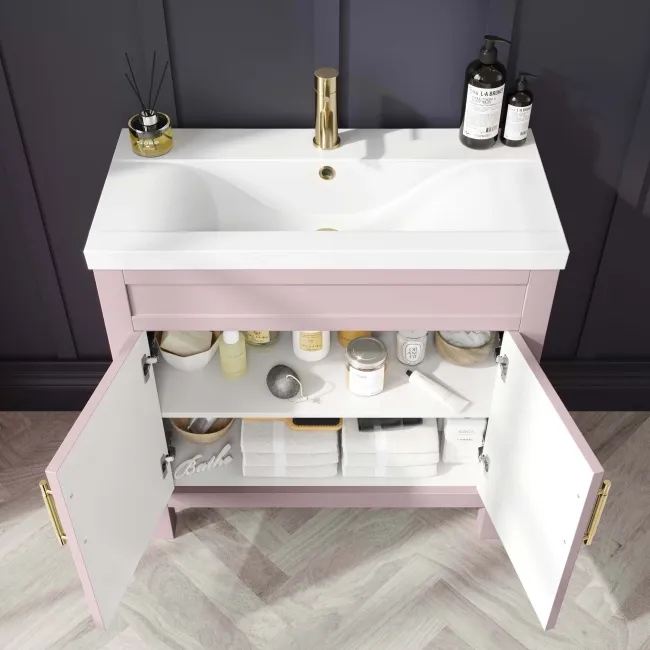 Bermuda Cashmere Pink Basin Vanity 800mm - Brass Knurled Handles