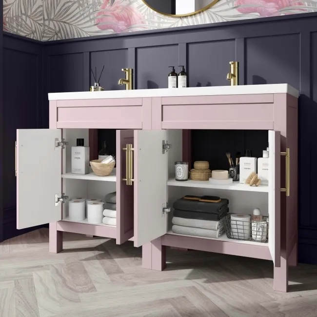 Bermuda Cashmere Pink Double Basin Vanity 1200mm - Brass Knurled Handles