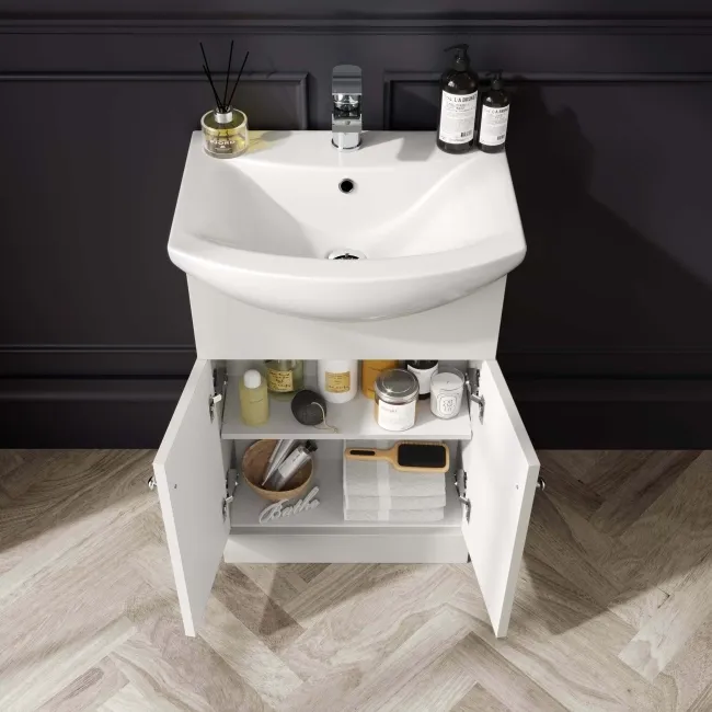Capri Cotton White Vanity with Semi Recessed Basin 550mm - Brushed Handles