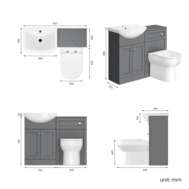 Capri Fog Grey Combination Vanity Basin and Miami Toilet 1050mm - Chrome Handles