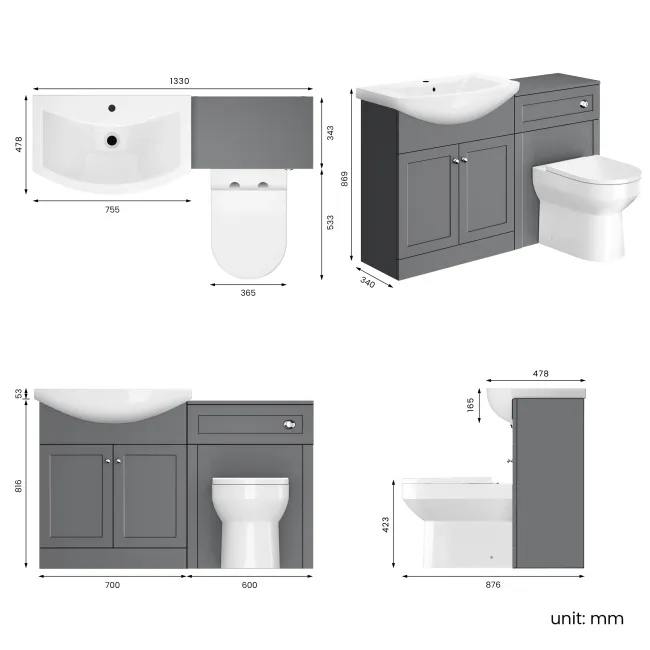 Capri Fog Grey Combination Vanity Basin and Miami Toilet 1350mm - Chrome Handles