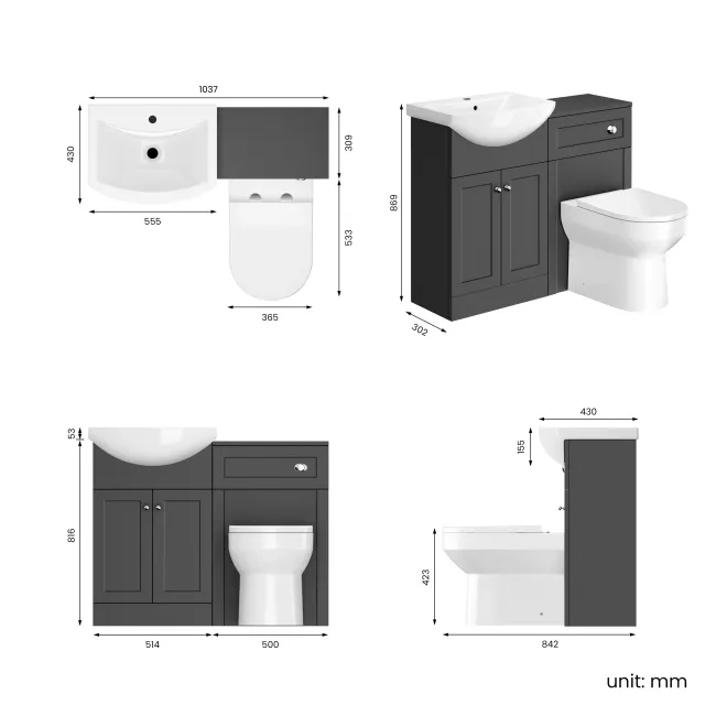 Capri Slate Grey Combination Vanity Basin and Miami Toilet 1050mm - Chrome Handles