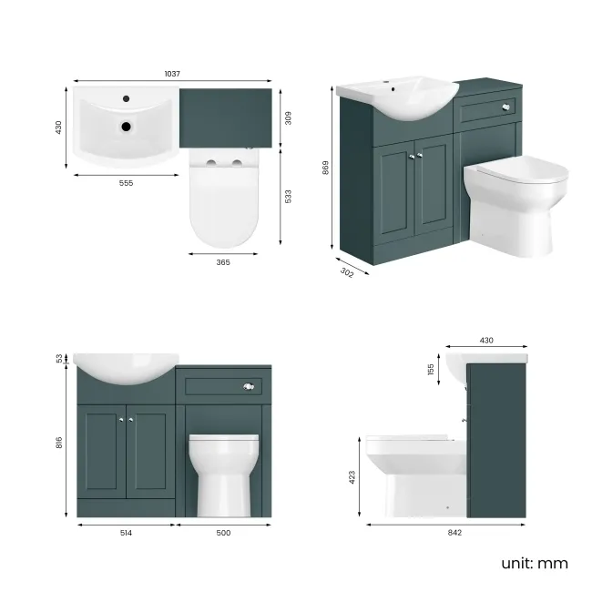 Capri Mystic Green Combination Vanity Basin and Miami Toilet 1050mm - Chrome Handles
