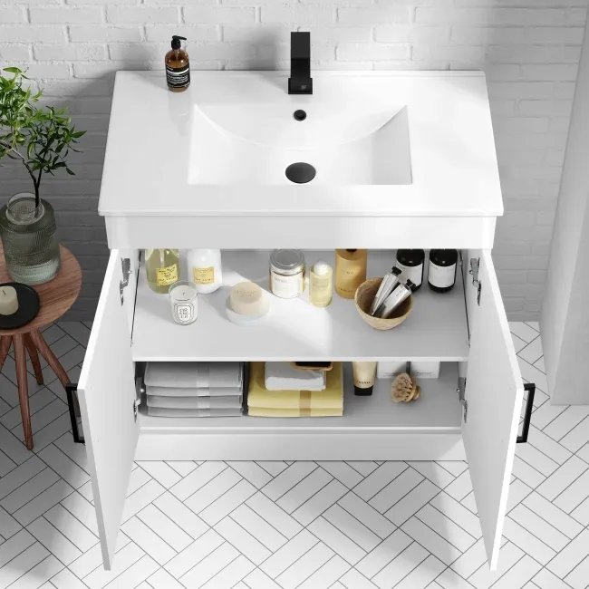 Mersey Gloss White Basin Vanity and Back To Wall Unit 1300mm (Excludes Toilet) - Black Accents