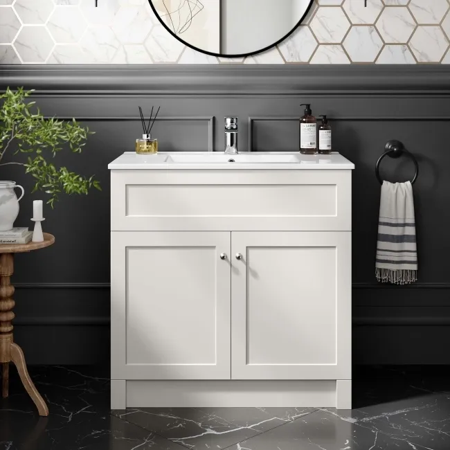 Milos Cotton White Basin Vanity 800mm - Brushed Handles
