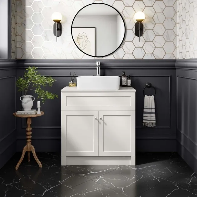 Milos Cotton White Vanity with Troy Basin 800mm - Brushed Handles