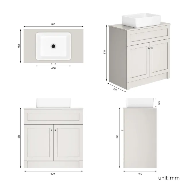 Milos Cotton White Vanity with Troy Basin 800mm - Brushed Handles