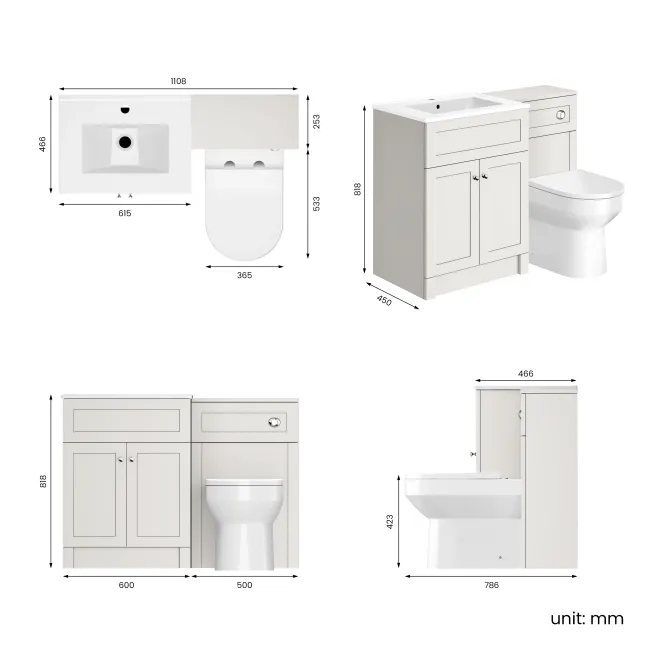 Milos Cotton White Combination Vanity Basin and Miami Toilet 1100mm - Chrome Handles